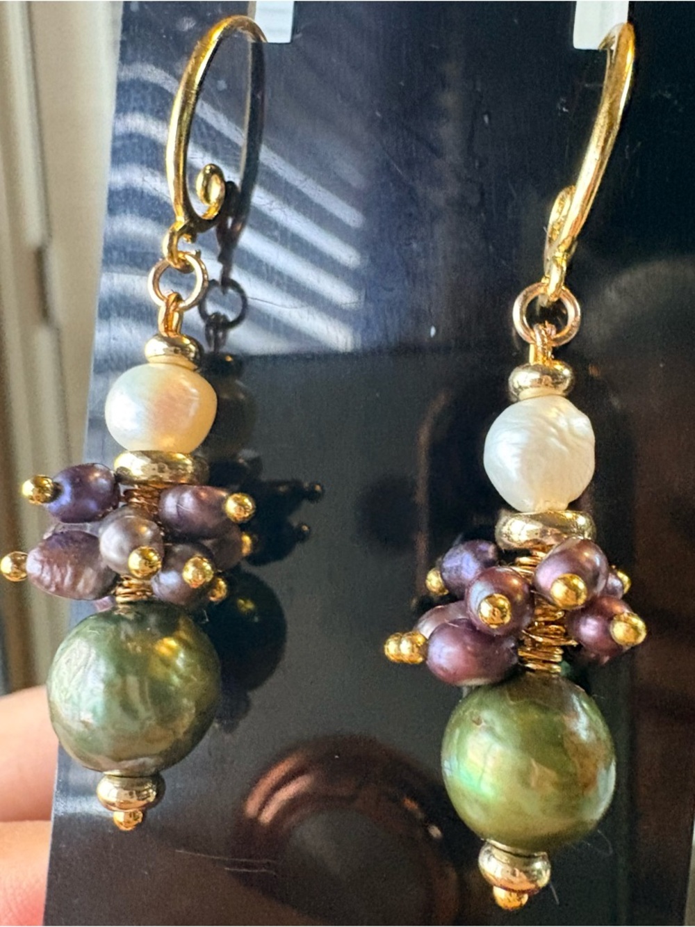 Artisan Handmade Freshwater Pearl Gold Drop Dangle Earrings Green Purple - Picture 6 of 7